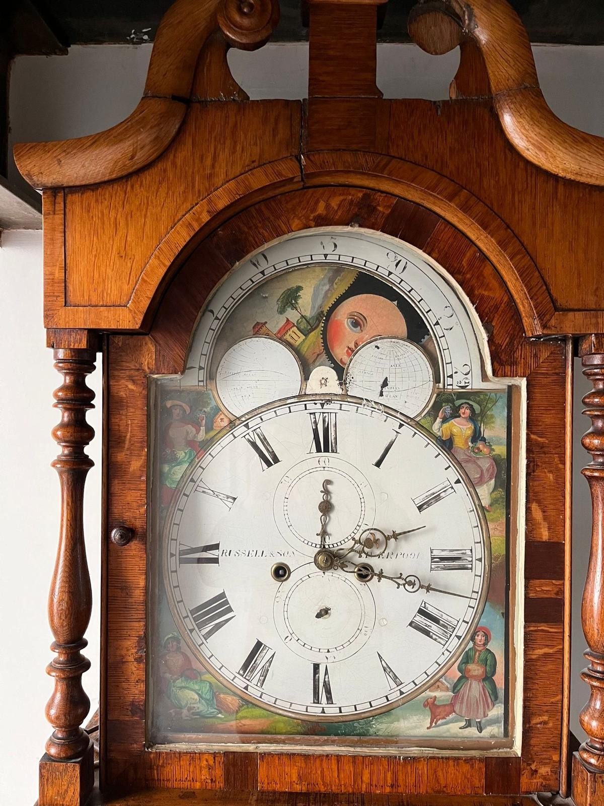OAK LONGCASE CLOCK, RUSSELL & SON LIVERPOOL, ARCHED ROLLING MOON FACE, APPROX 202cm HIGH - Image 2 of 2