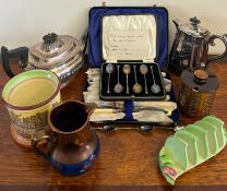 ACCUMULATION OF PLATEDWARE, SILVER COFFEE SPOONS, FISH KNIVES AND FORKS, PLUS POTTERY ITEMS