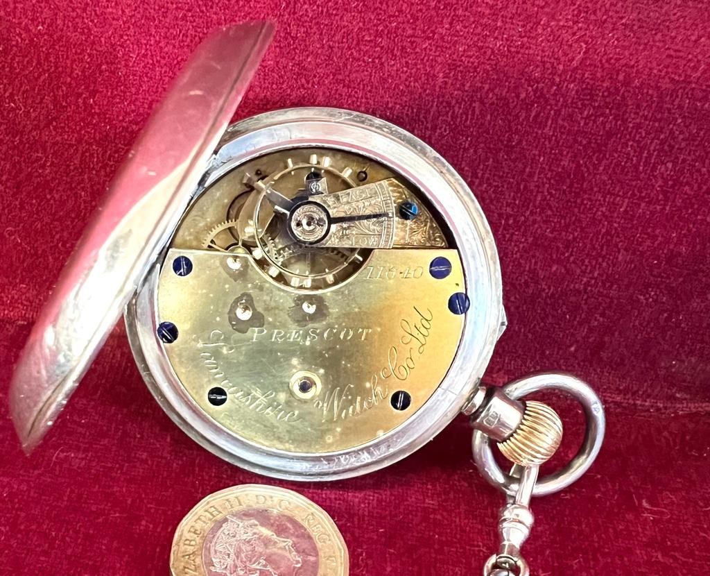 LANCASHIRE WATCH CO SILVER TOP-WIND POCKET WATCH, CHESTER ASSAY MARK, 1892, WITH SILVER CHAIN, - Image 2 of 2