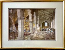 POLYCHROME PRINT OF ST ANNE'S CHURCH WEST KIRBY, FRAMED AND GLAZED, APPROX 23 x 34cm