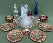 Parcel of glassware incluing silver mounted Scottish style decanter, gilded dishes and plates etc