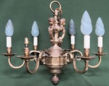 Victorian ornately decorated brass six sconce ceiling chandelier. Approx 52cm H x 63cm Diameter