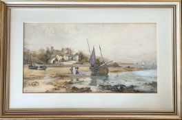 J HUGHES CLAYTON, WATERCOLOUR, 'UNLOADING THE CATCH', FRAMED AND GLAZED, APPROX 28 x 52cm