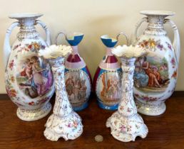 PAIR OF AUSTRIAN EWERS, PAIR OF CONTINENTAL BULBOUS VASES, PLUS CERAMIC CANDLESTICKS