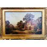 19th CENTURY ENGLISH SCHOOL, OIL ON CANVAS, PASTORAL ASPECT WITH COTTAGES, FRAMED, APPROX 45 x 110cm