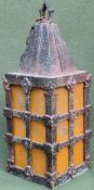Vintage metal framed hanging light fitting with glass panels. Approx. 38.5cms H