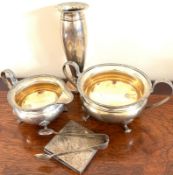 SILVER SUCRIER, CREAMER AND VASE, ETC, WEIGHT APPROX 600g
