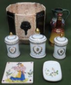 Sundry ceramics including Bretby style planter, gouda jug, German storage pots, plus Portugese tiles