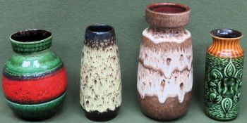 Four vintage West German glazed pottery vases. Largest Approx. 22.5cms H all reasonable used