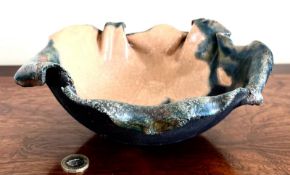 STUDIO POTTERY BOWL WITH FREE FORMING RIM, MARKED HG