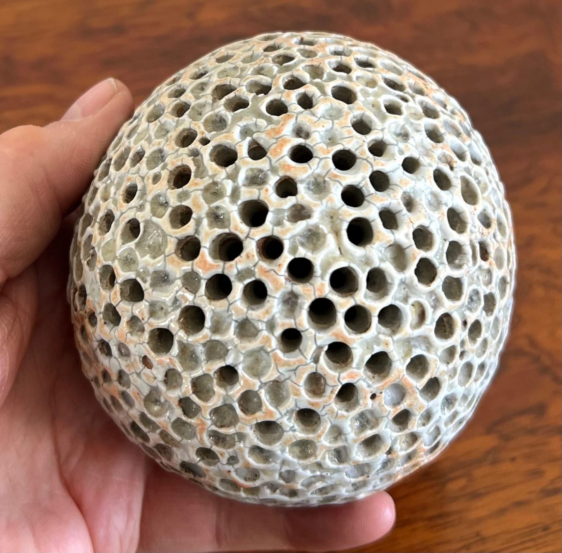 ALAN WALLWORK STONEWARE GLOBULAR PIERCED VESSEL, SIGNED BASE, APPROX 9cm HIGH - Image 2 of 4