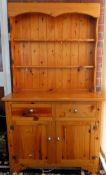 20th century pine kitchen dresser with plate rack. Approx. 164cm H x 90cm W x 41cm D Used condition,