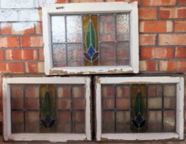 Three small leaded stained glass and wooden framed windows. Approx. 44 x 60cm All in used condition,