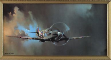 Barrie Clark gilt framed print of a spitfire. Approx. 50 x 100cm Reasonable used condition