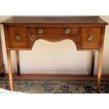 19th century mahogany three drawer side table. Approx. 80cm H x 108cm W x 45cm D Used condition,