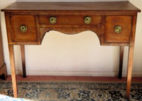 19th century mahogany three drawer side table. Approx. 80cm H x 108cm W x 45cm D Used condition,