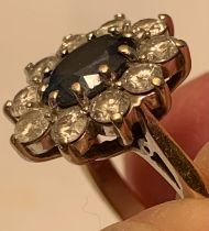 18ct GOLD RING SET WITH 1.5ct SAPPHIRE PLUS TEN DIAMONDS, TOTAL WEIGHT 5.75g