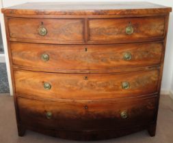 19th century mahogany bowfronted two over three chest of drawers. Approx. 101cm H x 98cm W x 59cm D