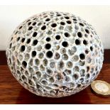 ALAN WALLWORK STONEWARE GLOBULAR PIERCED VESSEL, SIGNED BASE, APPROX 9cm HIGH