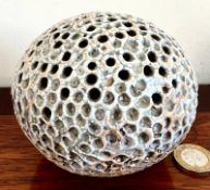 ALAN WALLWORK STONEWARE GLOBULAR PIERCED VESSEL, SIGNED BASE, APPROX 9cm HIGH