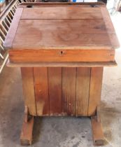 Vintage Pitch Pine writing desk with lift up top and Bakelite inkwell. Approx. 87cm H x 62cm W x