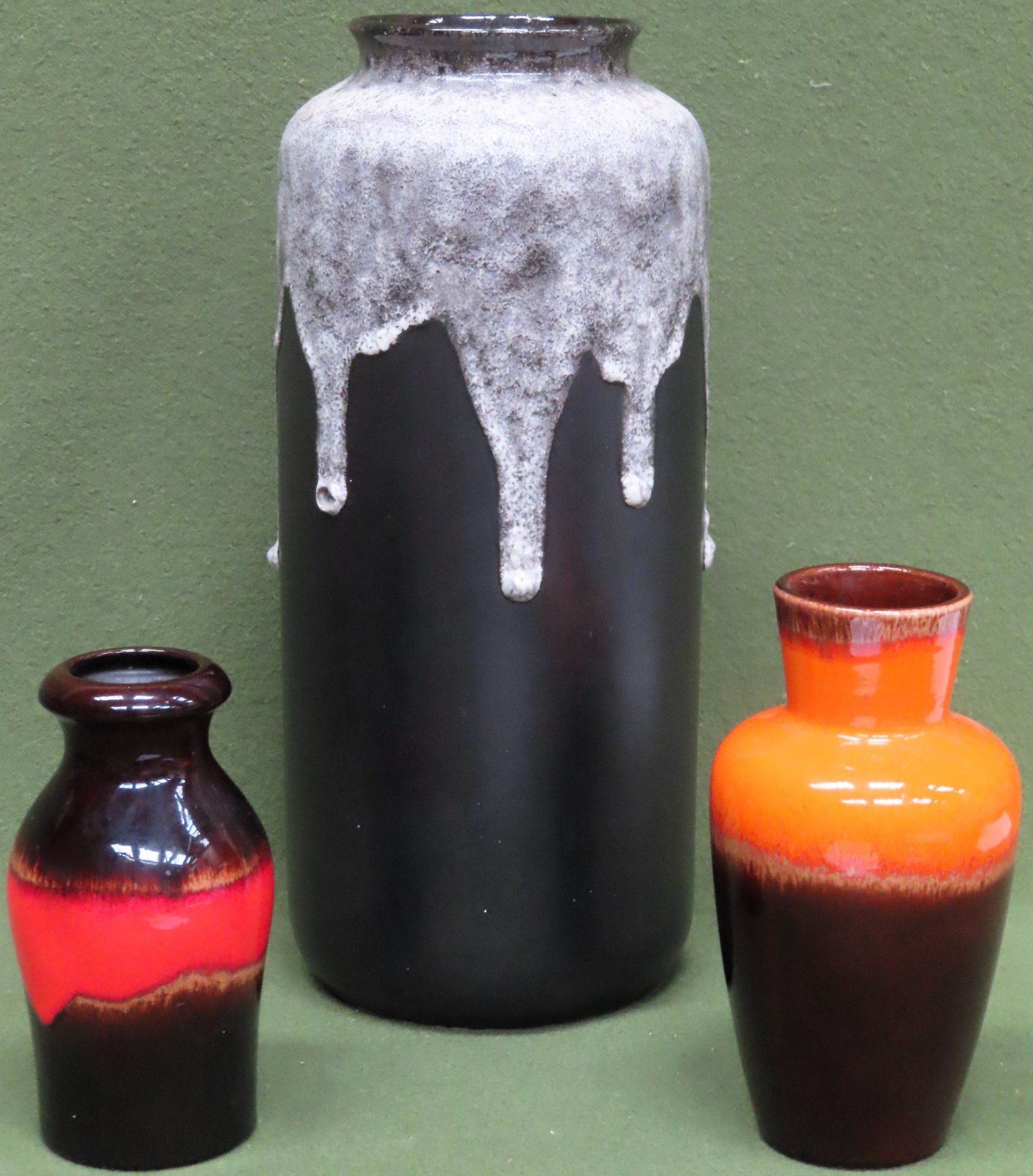 Large West German drip glaze pottery vase, plus two smaller Scheurich West German pottery vases.