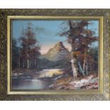 Gilt framed oil on canvas depicting a country lakeside scene. Approx. 39 x 39cm Reasonable used