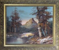 Gilt framed oil on canvas depicting a country lakeside scene. Approx. 39 x 39cm Reasonable used