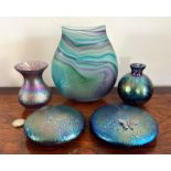 FOUR PIECES OF IRIDESCENT DECORATIVE ART GLASS AND ALSO HAND BLOWN GLASS VASE
