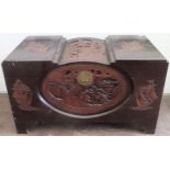 Heavily carved Oriental Camphor chest. Approx. 59cm H x 102cm W x 51cm D Used condition, scuffs