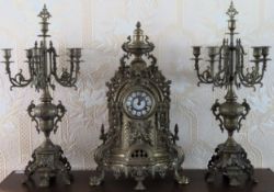 Highly decorative gilt metal large clock and garniture set. Approx. 68cm H Reasonable used