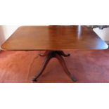 19th century mahogany breakfast table. Approx. 72cm H x 150cm W x 93cm D Used condition, scuffs
