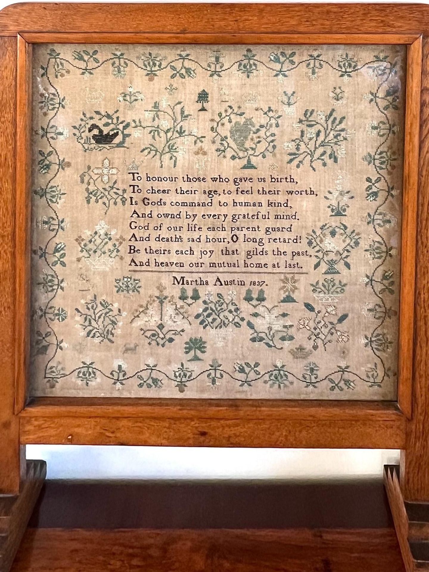 SAMPLEY MARTHA AUSTIN 1837 CONTAINED WITHIN AN OAK FIRE SCREEN (SAMPLER CAN BE REMOVED), APPROX 39 x