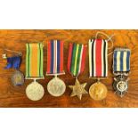 THREE WORLD WAR II MEDALS, POLICE MEDAL, SHIPWRECK SOCIETY MEDAL AND STAGE MEDAL