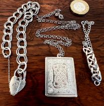 EASTERN SILVER PENDANT INGOT UNHALLMARKED, CELTIC DESIGN SILVER BRACELET AND SILVER LINK BRACELET,