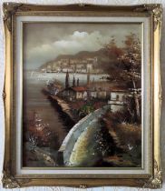 1970's gilt framed oil on canvas depicting a coastal harbour scene. Approx. 60 x 50cm Reasonable