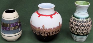 Three Bay Keramik glazed and unglazed vintage West German pottery vases. Largest Approx. 22.5cms H
