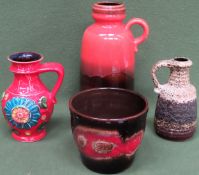 Three vintage West German glazed pottery jugs, plus small planter. Largest Approx. 27cms H floral