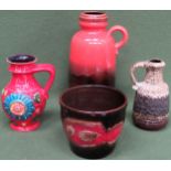 Three vintage West German glazed pottery jugs, plus small planter. Largest Approx. 27cms H floral