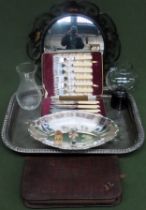 Sundries Inc. plated tray, WMF bowl, gents grooming kit, flatware, Wedgwood glass candle holder, etc