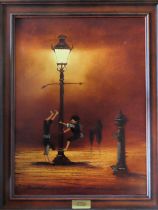 Tony Flanagan 20th century framed oil on board depicting children playing on a street light. Approx.