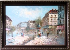 Large 1970's oil on canvas depicting a Parisian street scene. Approx. 59 x 30cm Reasonable used