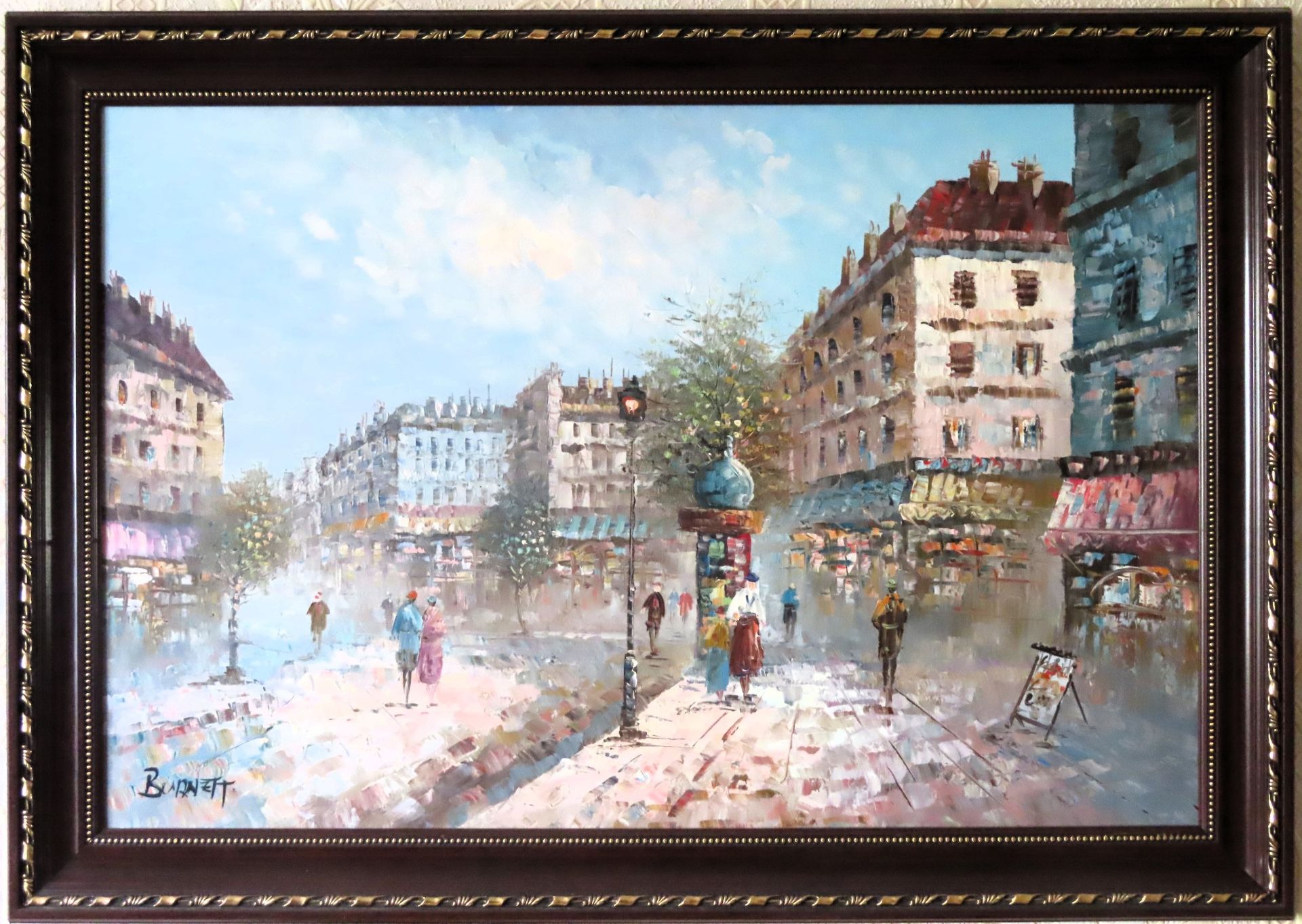 Large 1970's oil on canvas depicting a Parisian street scene. Approx. 59 x 30cm Reasonable used