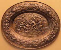Large repousse decorated brass tray. Approx. 69 x 55cm