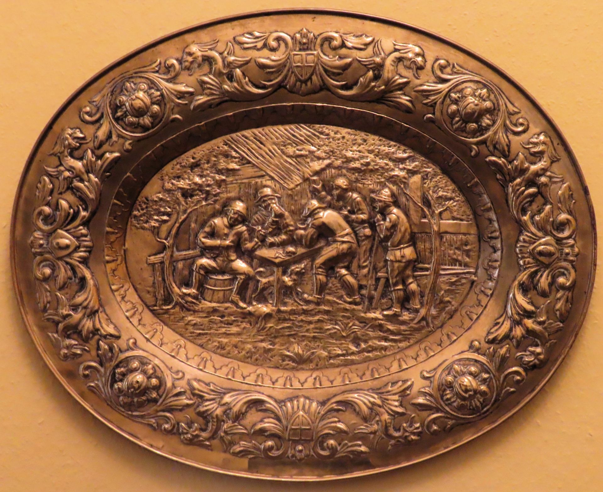 Large repousse decorated brass tray. Approx. 69 x 55cm