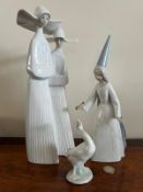 TWO LLADRO FIGURES PLUS LLADRO GOOSE, APPROX 33cm AND 37cm HIGH