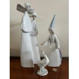 TWO LLADRO FIGURES PLUS LLADRO GOOSE, APPROX 33cm AND 37cm HIGH