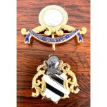 GOLD ENAMEL QUINTUS LODGE BAR JEWEL AND UNHALLMARKED GOLD COLOURED ATTACHMENT