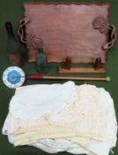 Sundry lot including victorian housemaid apron plus hat, linens, photo frame, wooden tray, glass