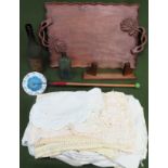 Sundry lot including victorian housemaid apron plus hat, linens, photo frame, wooden tray, glass